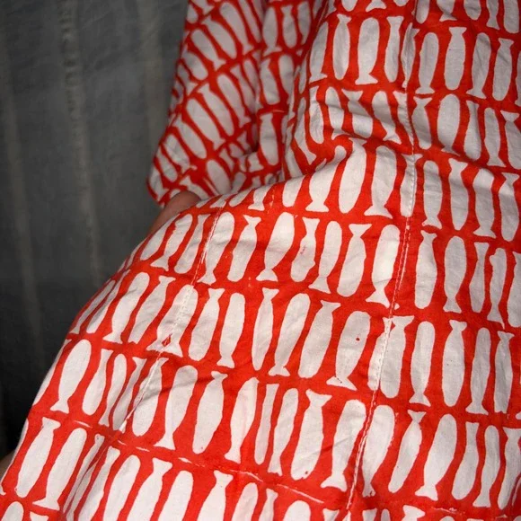 MIRTH Handmade Block Print Top Womens L Red White Excellent Fish Pattern - Picture 9 of 10